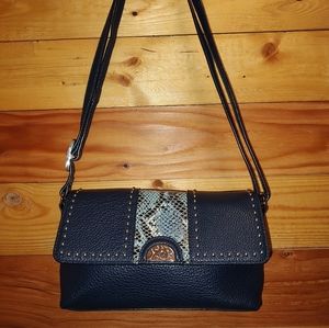 Real leather blue studded Brighton bag pythonsnakeskin stripe.NWOT.